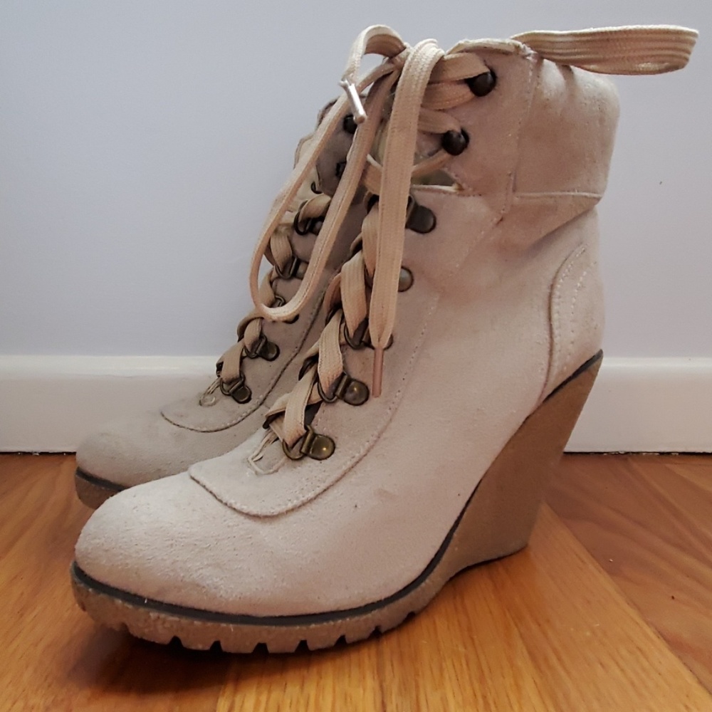 tan synthetic suede rubber wedge ankle boots